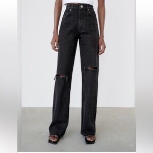 Zara High-Waisted Black Ripped Knee Wide-Leg Jeans Distressed Raw Hem‎ 6 Long